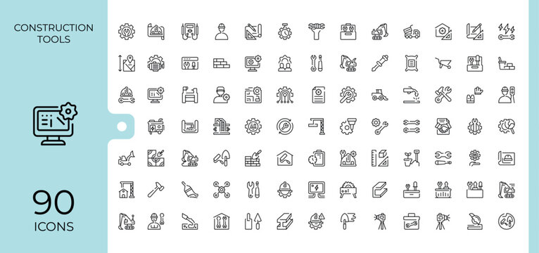 Construction Tools line icon set. Minimal icons collection. Includes symbols for equipment, mechanic, work, house. Editable stroke. Pixel Perfect. Tool simple icon set.