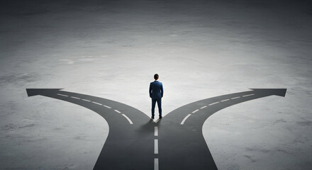 Businessman Facing Dilemma at Crossroads Decision Making Scenario