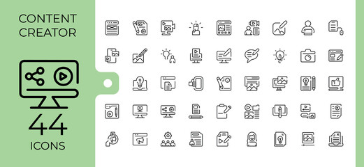 Content Creator line icon set. Pictograms of content creation, media, blog, video content, content, stream and more. Content icon set. Outline symbol collection. Editable vector. Pixel perfect.