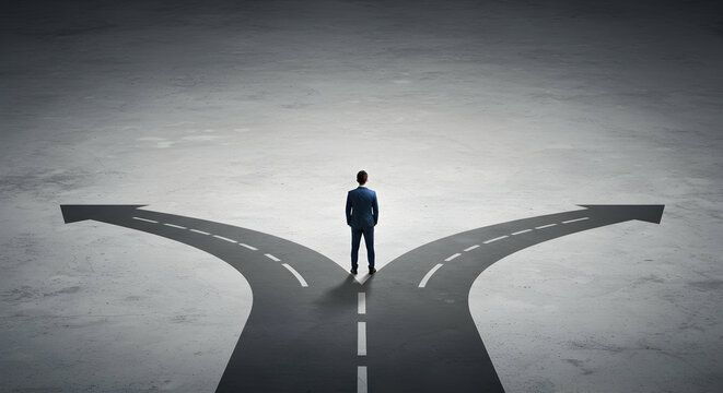 Businessman Facing Dilemma at Crossroads Decision Making Scenario