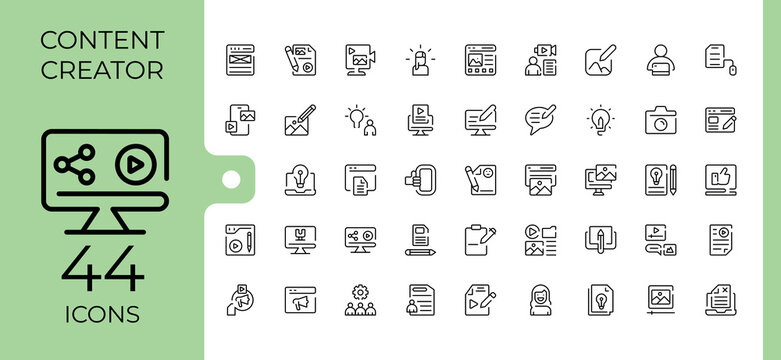 Content Creator line icon set. Pictograms of content creation, media, blog, video content, content, stream and more. Content icon set. Outline symbol collection. Editable vector. Pixel perfect.