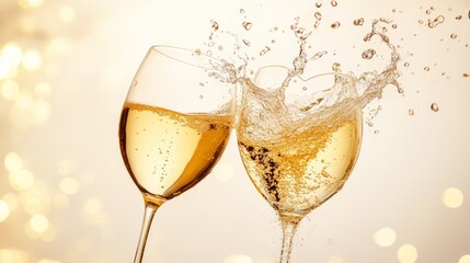 Two glasses of champagne with heart shape splash, isolated on white background