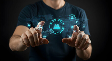 Hands Reaching Out to Interactive Digital Interface with Icons