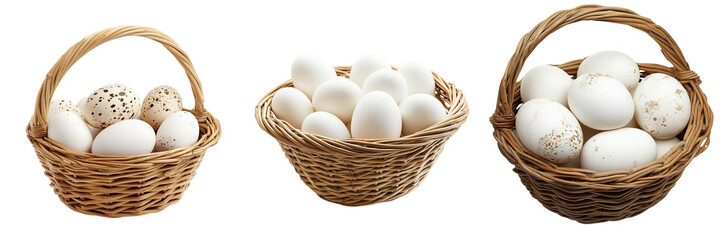 Set of Top view of fresh brown chicken eggs in a white bucket surrounded by a red tomato and a green on transparent png background. Ai generated