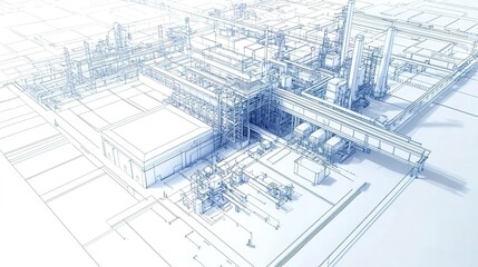Blueprint-style industrial facility sketch with tanks and pipelines.