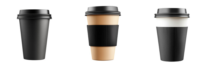Set of Close-up of a woman's hand elegantly holding a paper coffee cup against a plain on transparent png background. Ai generated