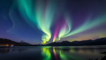 lights aurora borealis over beautiful lake landscape