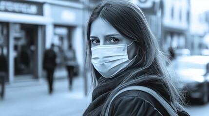 Obraz premium Woman in Face Mask with City Street, and Pandemic Protection.
