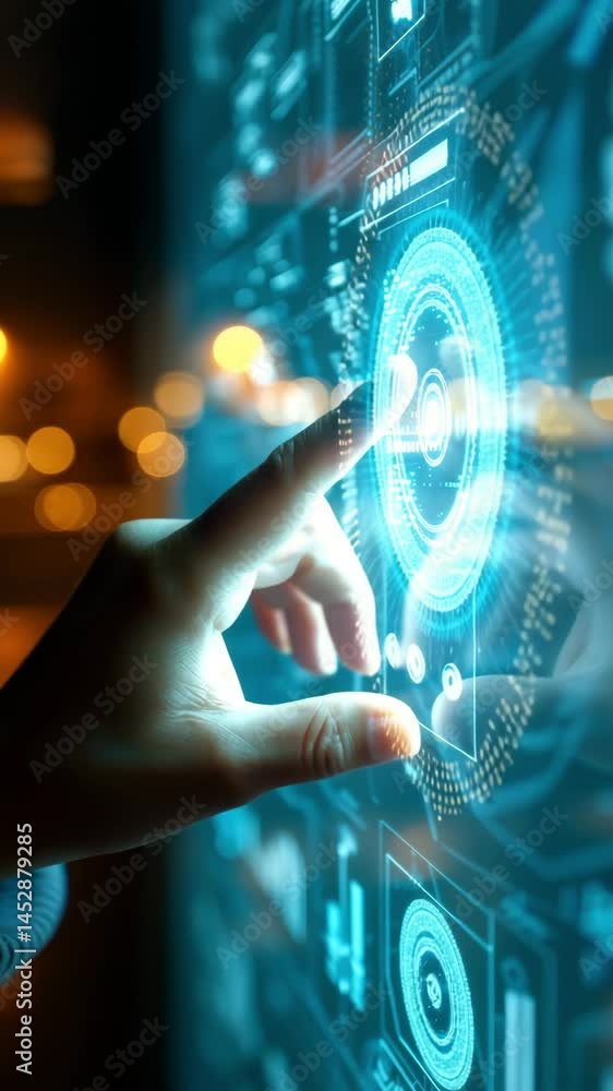 Aufkleber engaging with futuristic technology in a vibrant urban setting at night while exploring digital inte