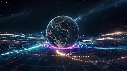A globe resembling Earth, glowing intensely with intricate details, slowly rotates within a cloud of glowing fibre optics in space, its strands pulsing with light signals branching out like neural pat