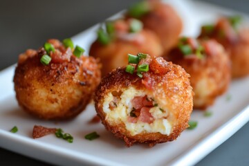 Appetizing fried scotch eggs on a white plate garnished with chives and bacon bits close up shot culinary delight gourmet food photography delicious snack
