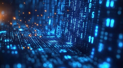 A digital scene with binary code streams, floating blue light particles, and a distant bright light source.