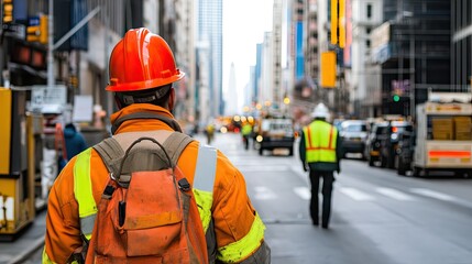NYC Construction Worker Walking City Street.