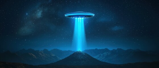 Ufo glows brightly over mountains on world ufo day night