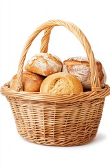 Rustic bread rolls in wicker basket against white backdrop offering a warm and inviting bakery aesthetic perfect for culinary and food related projects