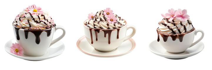 Set of A white porcelain coffee cup with realistic rising steam on transparent png background. Ai generated