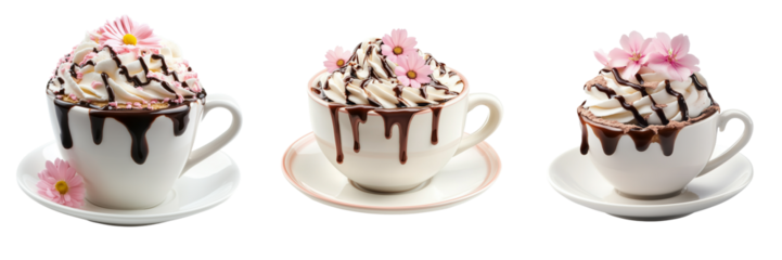 Set of A white porcelain coffee cup with realistic rising steam on transparent png background. Ai generated