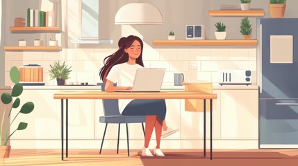 Digital illustration of a serene woman working remotely from her sunlit kitchen