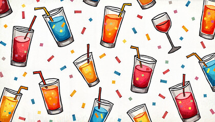 Festive drinks pattern with confetti for celebration wrapping paper