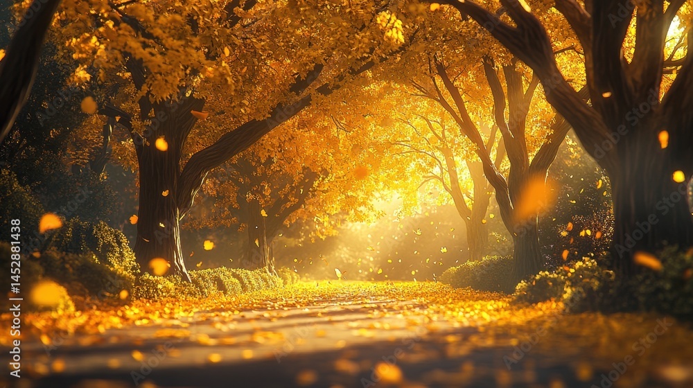 Poster serene autumn pathway with golden leaves and sunlight creating a warm and inviting atmosphere for na