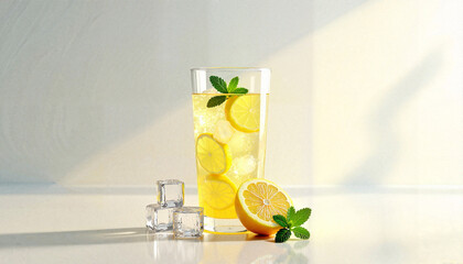 Refreshing lemonade glass with mint and lemon slices, summer delight