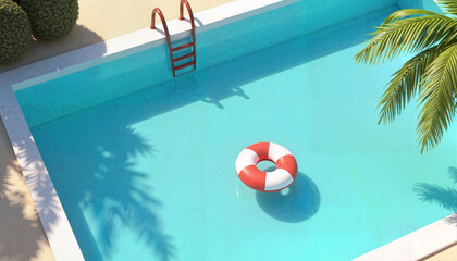 Stylized swimming pool with float and palm shadows, summer relaxation