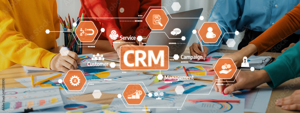 Poster a vibrant team brainstorming session exploring crm and customer management concepts in a modern work
