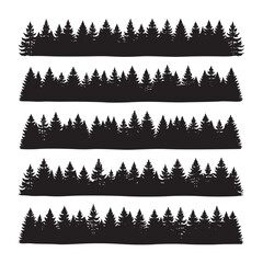 Pine trees silhouettes. Evergreen coniferous forest silhouette, nature spruce tree park view vector illustration. Coniferous woods silhouette