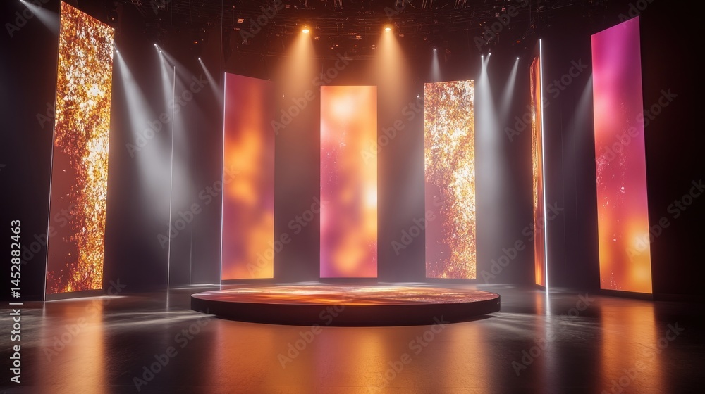 Poster empty round stage with dynamic orange and pink backdrop