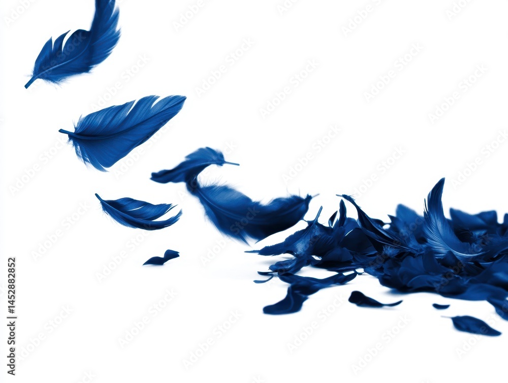 Poster elegant blue feathers floating in air on white background a captivating display of lightness and gra