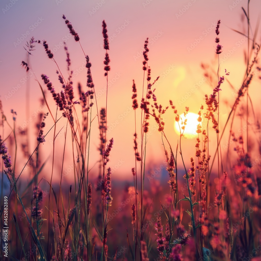 Poster captivating sunset through field of tall grass creating a warm and serene atmosphere with a soft foc