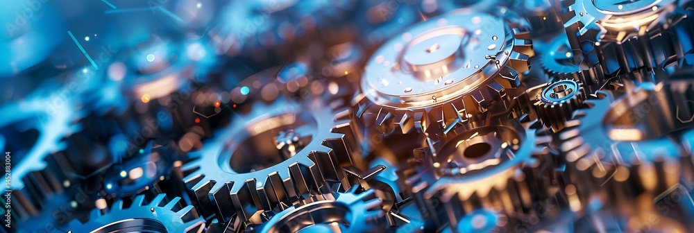 Poster close-up macro view of an intricate metallic gear mechanism with interlocking cogs and wheels, featu