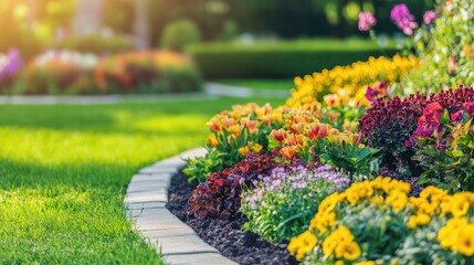 Sunlit Spring Garden Vibrant Flowers  Lush Lawn.