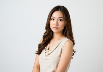 Portrait of a beautiful young asian woman with long brown hair girl calm model