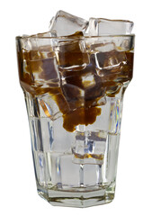 Iced americano coffee, an espresso coffee short pouring on water with iced cubes in a transparent tall glass isolated on white background.
