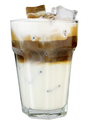 Closeup iced cappuccino coffee with milk foam on top in tall glass isolated clean cut clipping path on white background.