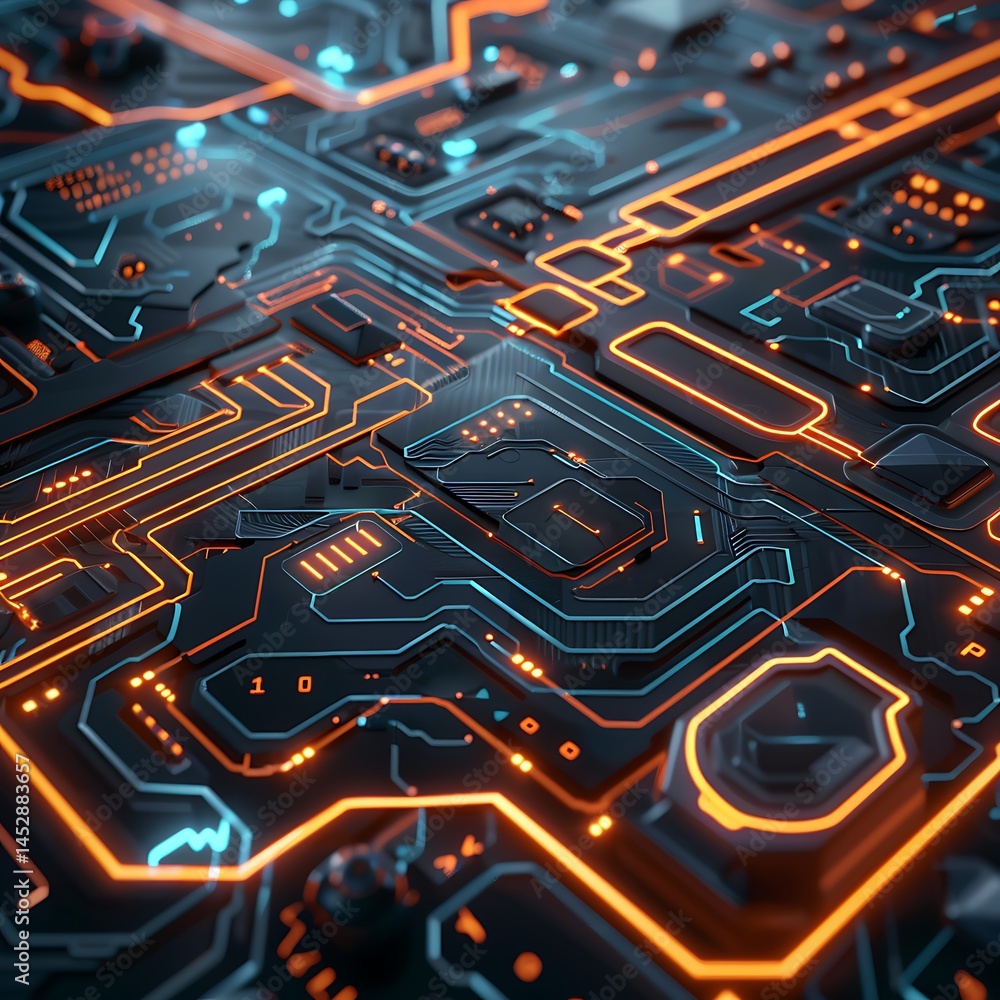 Poster futuristic circuit board close-up with glowing orange and cyan blue lines representing data flow and