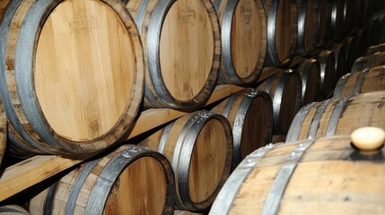 Oak Barrels in Wine Cellar with Aged Wine, and Winery Storage.