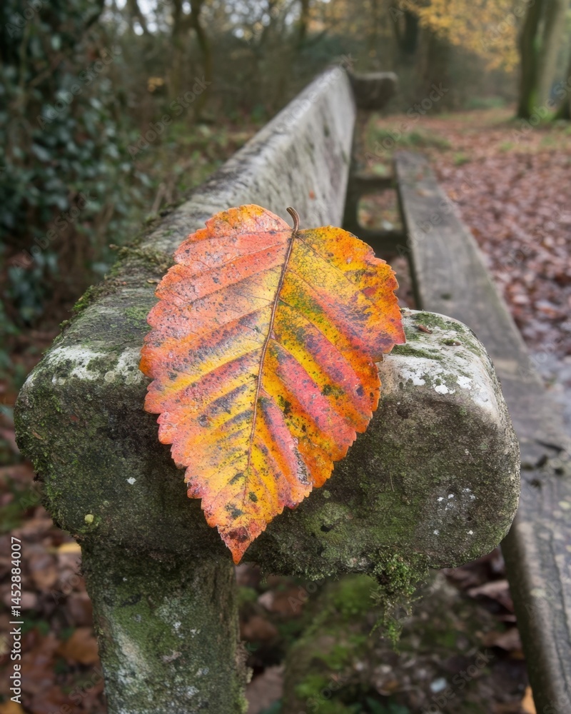 Aufkleber autumnal leaf resting on a mossy bench in a serene forest setting with vibrant colors and soft light