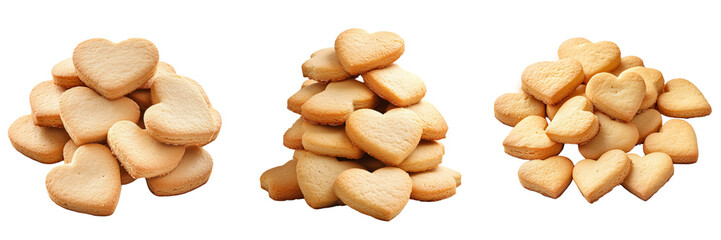 Set of A rustic kitchen scene with freshly baked heart-shaped cookies on a wooden table on transparent png background. Ai generated