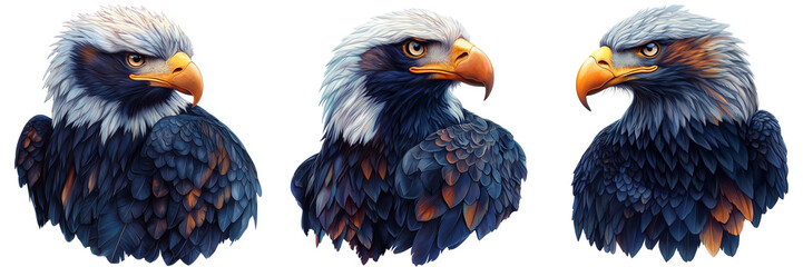 Set of A close-up of an intricately detailed engraving of an eagle on transparent png background. Ai generated