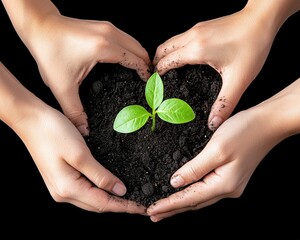 A young plant nurtured in hands forming a heart shape.