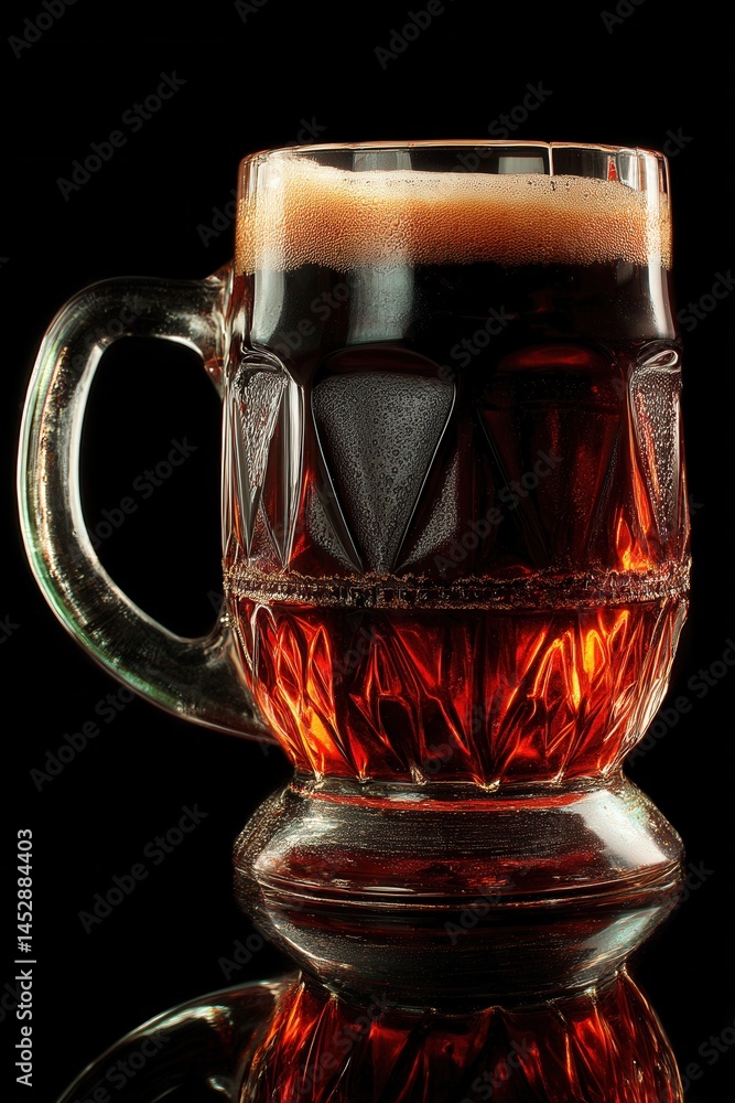 Poster dark ale in a crystal mug against a black background showcasing rich color and texture with a reflec