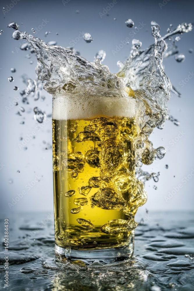 Poster refreshing golden beer with dynamic splash creating a captivating moment of refreshment against a co