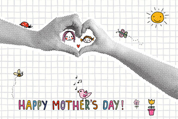 Cute Mother's Day Greeting Card with Hand Drawn Childish Drawings, Mom and Daughter Cute Faces, Half Tone Collage Background