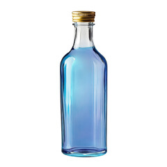 A bottle filled with blue liquid against a dark background shot