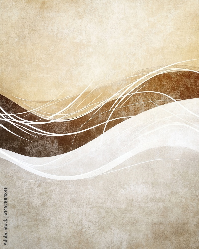 Poster abstract beige and brown background with flowing white lines creating a serene and elegant design pe