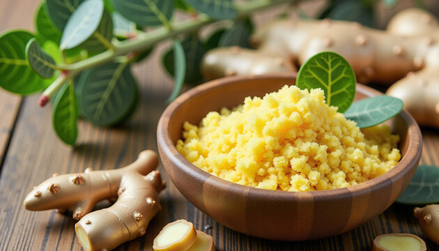 A bowl of yellow powder with a few pieces of ginger on the table. The bowl is on a wooden table with a leafy green plant in the background