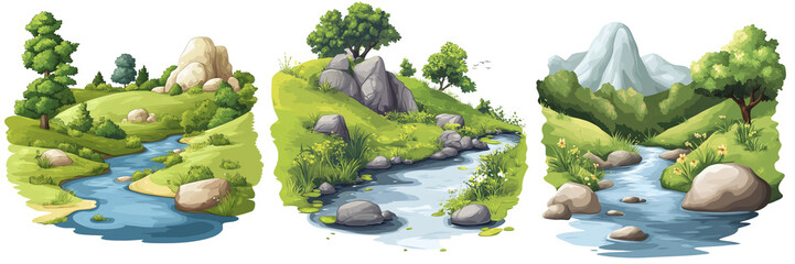 Set of A serene waterfall cascading gently over moss-covered rocks, surrounded by dense on transparent png background. Ai generated