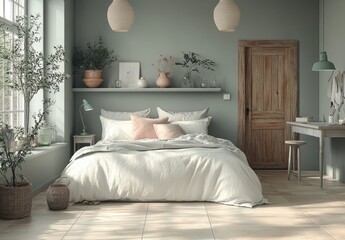 Peaceful bedroom interior design featuring neutral tones.